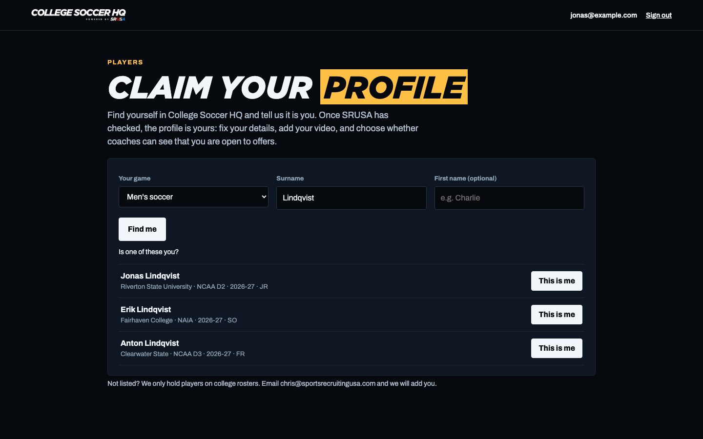 Finding yourself: type your surname and pick yourself from the list