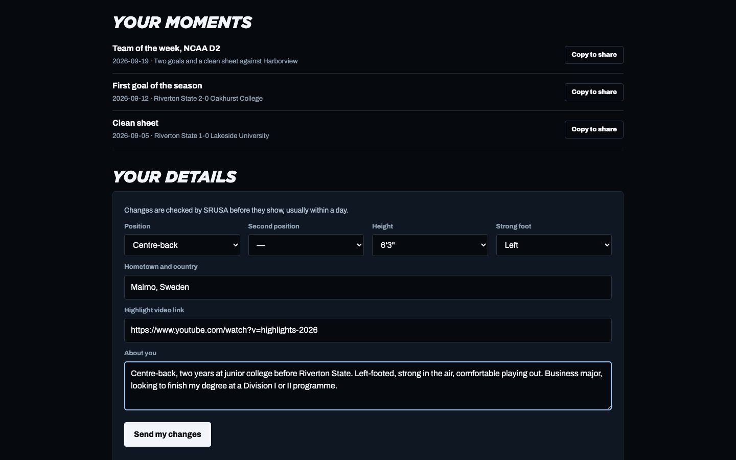 Moments with a copy-to-share button, and the form for your details and video