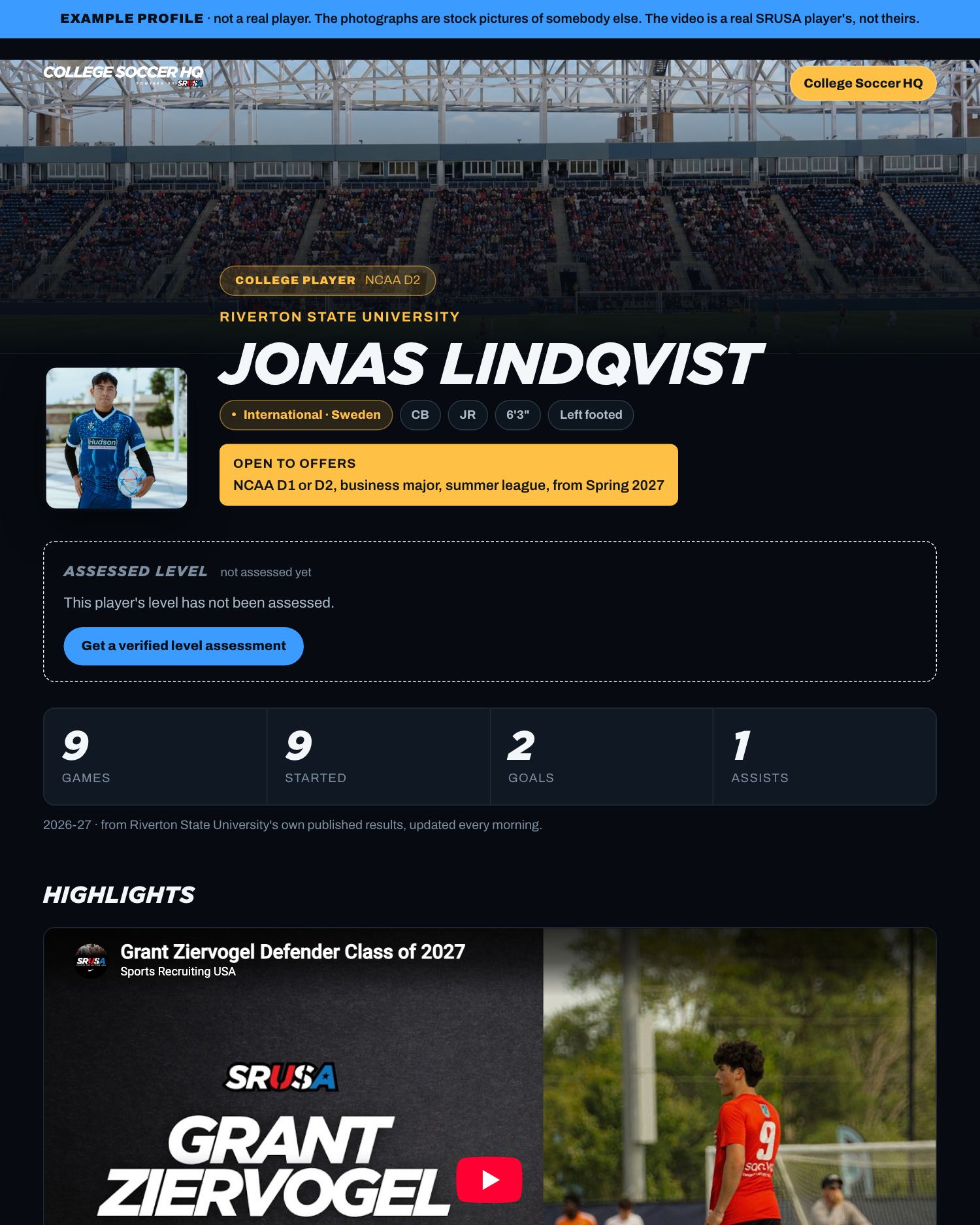 A college player's public profile: their name, college, season figures and career