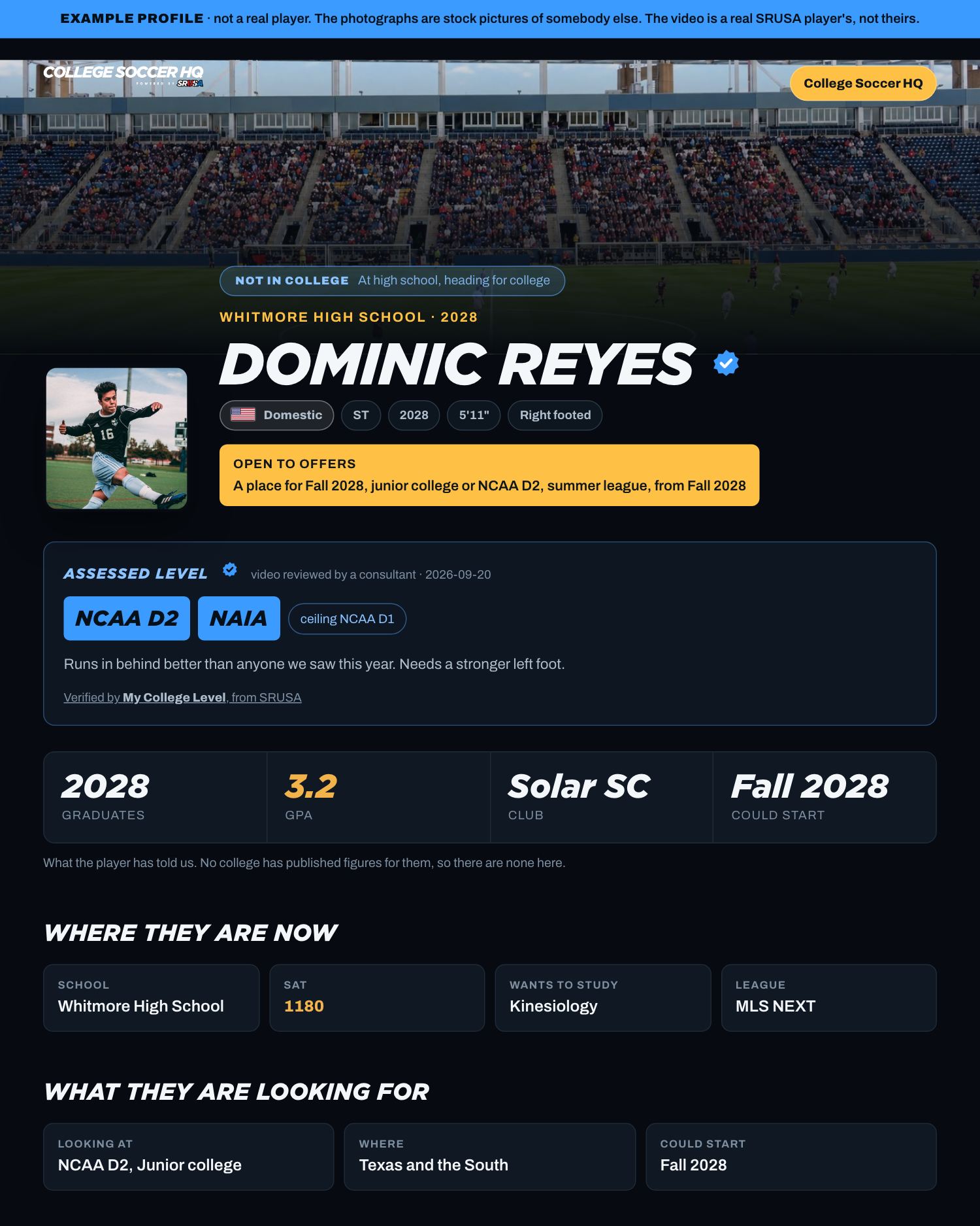 A player still at high school: their club, graduating year, academics and what they are looking for
